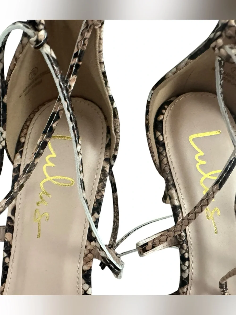 Lulus Marie Tan Snake Print Lace-Up Heels size 7.5